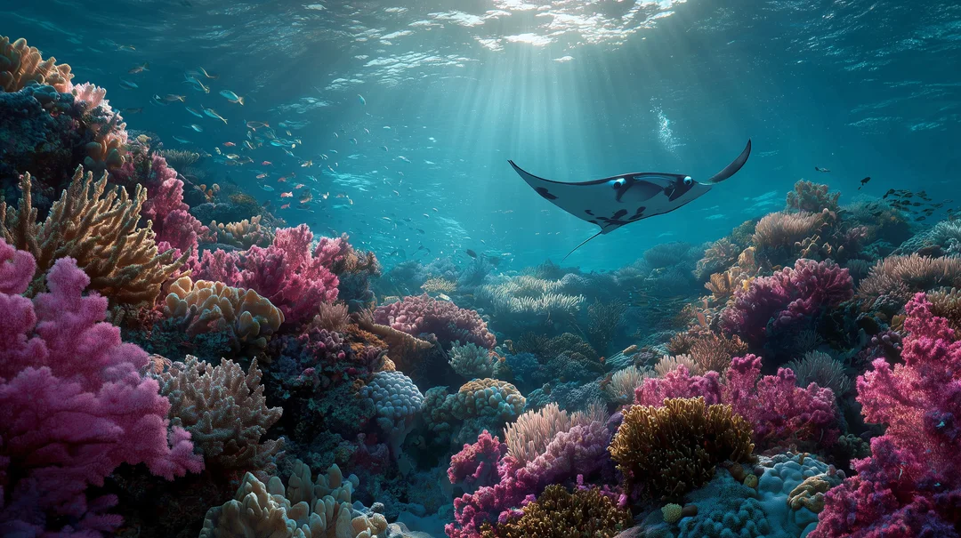 Vibrant coral garden teeming with diverse fish species