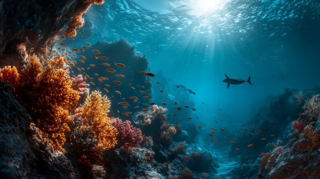 A school of colorful clownfish darting through anemone tentacles
